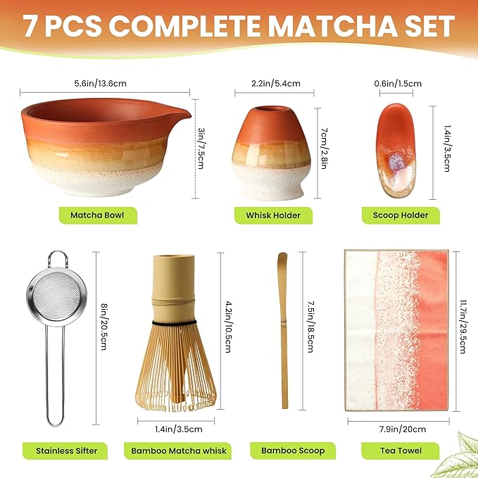 Matcha Whisk Set, Ceramic Matcha Set Desert Series, Matcha Bowl, Matcha Whisk and Holder, Bamboo Scoop, Scoop Rest, Sifter and Tea Towel 7 Pcs Matcha Kit for Birthday Christmas Gift (Matte Soil) - Bloomnest