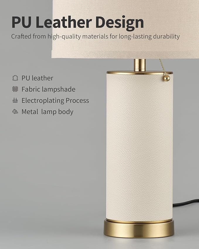 KDG 23.4" White PU Leather Table Lamps for Living Room Set of 2, 3 Level Brightness LED Modern Home Decor Fabric Lampshade Desk Lamp Lighitng for Bedroom, Bedside, Farmhouse, Nightstand, Night Light - Bloomnest