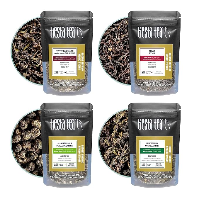 Tiesta Tea - Single Origin Tea Sampler Dry Flight Set, Loose Leaf, High to Low Caffeine, Makes Hot & Iced, Assorted Brew Sets with Green, White, Black & Oolong, 7 Resealable Sample Pouches - Bloomnest