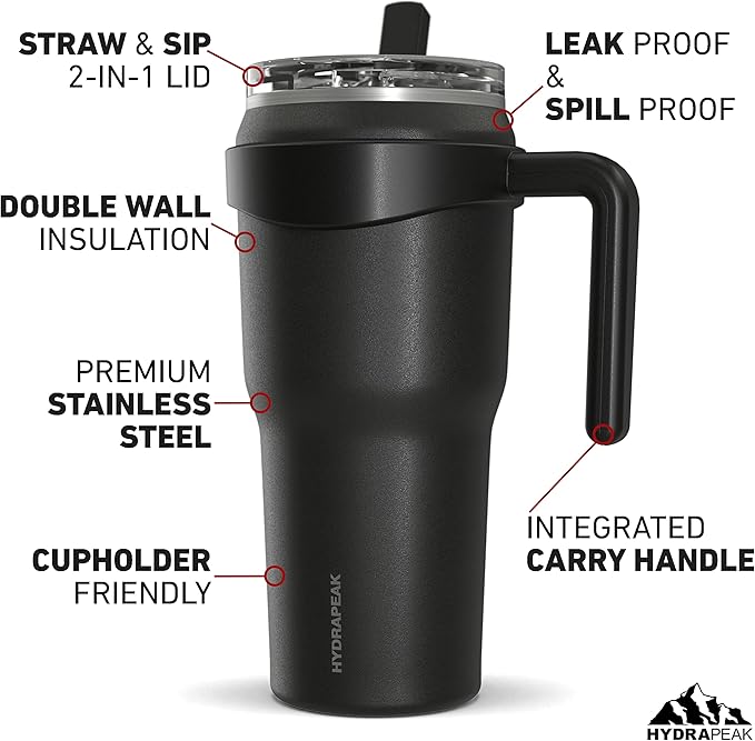Hydrapeak Roadster 40oz Stainless Steel Tumbler Double Wall Vacuum Insulated Water Bottle With Handle And 2 in 1 Straw Lid (Black) - Bloomnest