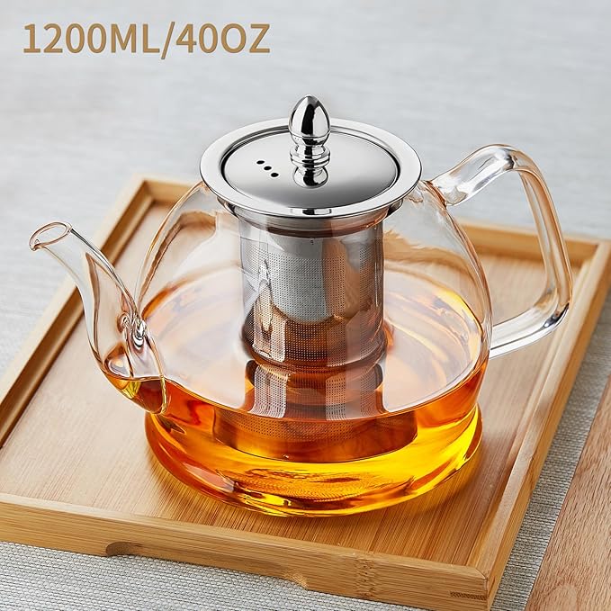 1200ml Glass Teapot with Removable Infuser, Stovetop Safe Tea Kettle, Blooming and Loose Leaf Tea Maker Set - Bloomnest