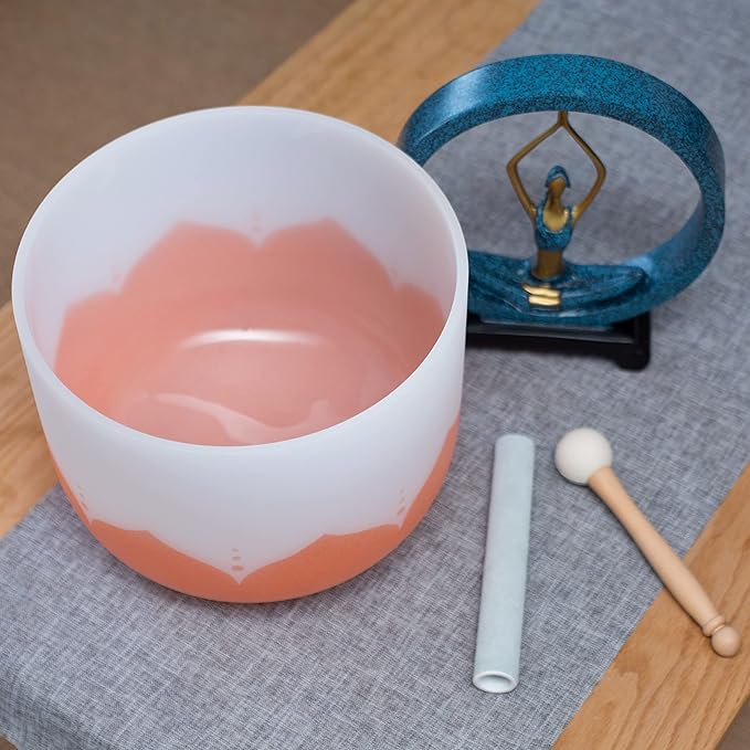 Leize Quartz Crystal Singing Bowl 432hz D Note Sacral Chakra Navel Chakra Orange Lotus Design 11" Wide with Suede Striker - Bloomnest