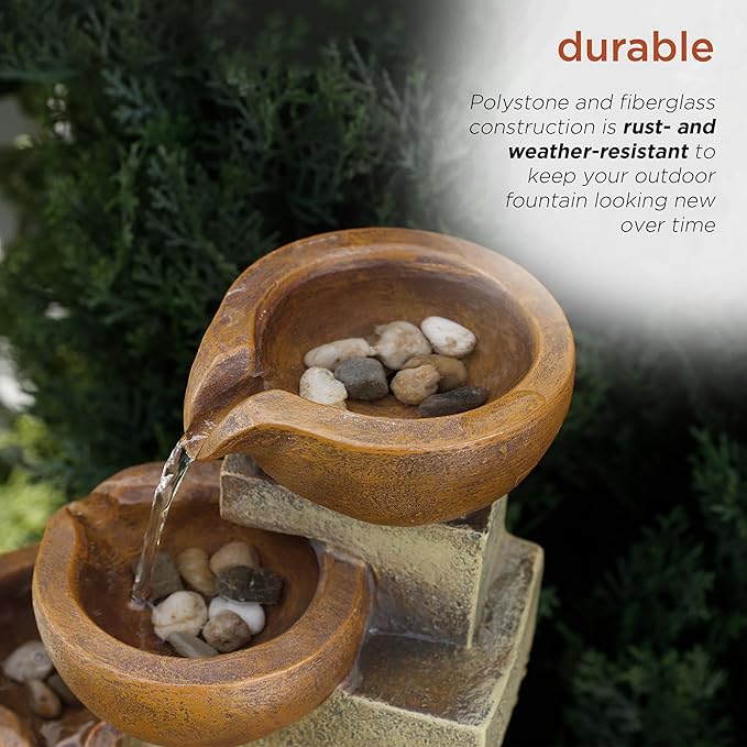 Alpine Corporation WCT726 Indoor/Outdoor Tabletop Tiered Pouring Pots Waterfall Fountain with Natural Stone Look, 16", Brown - Bloomnest