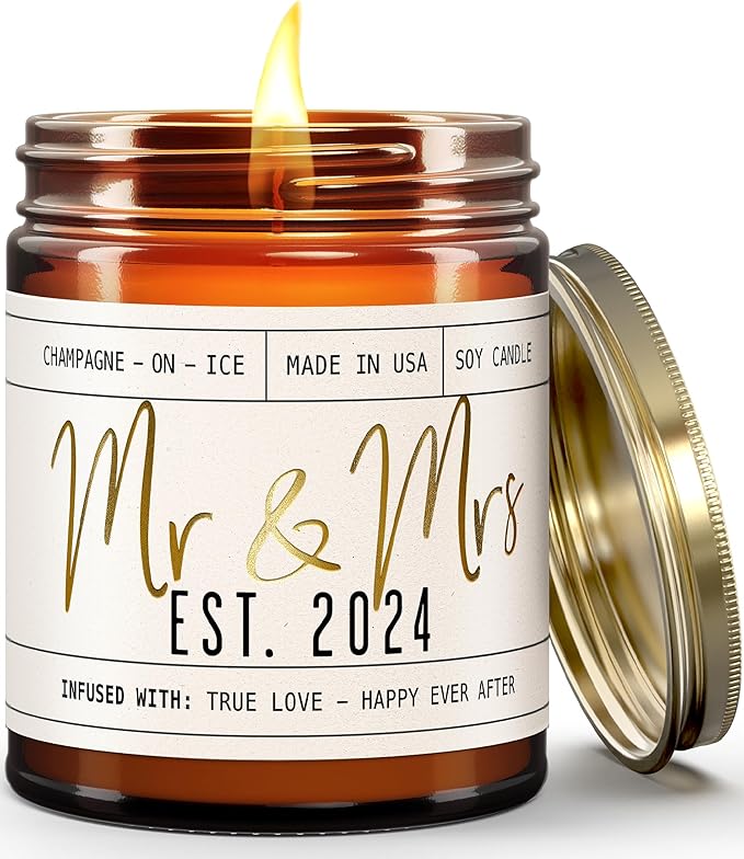 Wedding Gifts for Couples 2024, Mr and Mrs Gifts - 'Mr & Mrs Est. 2024' Candle, w/Champagne on Ice I Unique Newlywed Wedding Gifts for Couple I Wedding Shower Gifts Bride & Groom I 50Hr Burn,USA Made - Bloomnest