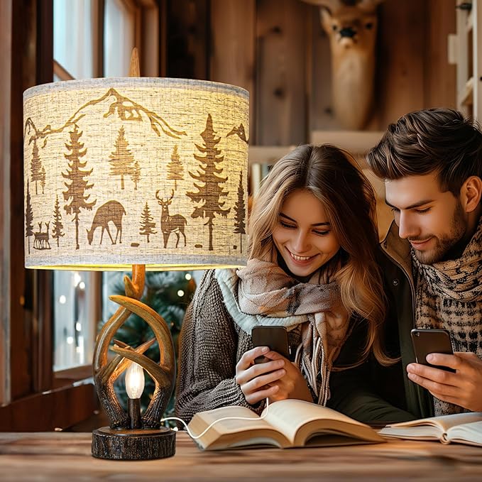 Farmhouse Deer Antler Table Lamp Set of 2 For Living Room with USB Ports, Rustic Bedside Lamp with Nightlight For Bedroom, linen Fabric Shade Vintage Nightstand Lamps For Hotel Bar Country House - Bloomnest
