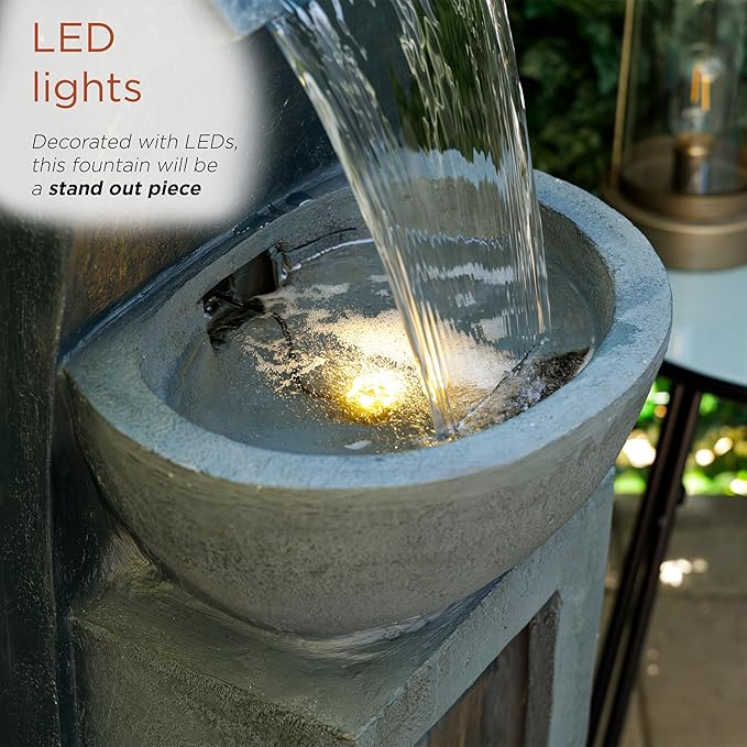 Alpine Corporation TZL380 Outdoor Basin Waterfall Floor Fountain with LED Lights for Garden, Patio, Lawn and Backyard Decor, 41" H, Gray - Bloomnest