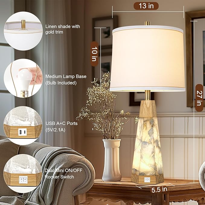27" Natural Alabaster And Real Wood Table Lamp Set of 2 With Night Light Nightstand Lamps With USB Ports White Linen Fabric Shade Bedside Lamp Decor For Living Room Bedroom Home Office Hotel Bar House - Bloomnest
