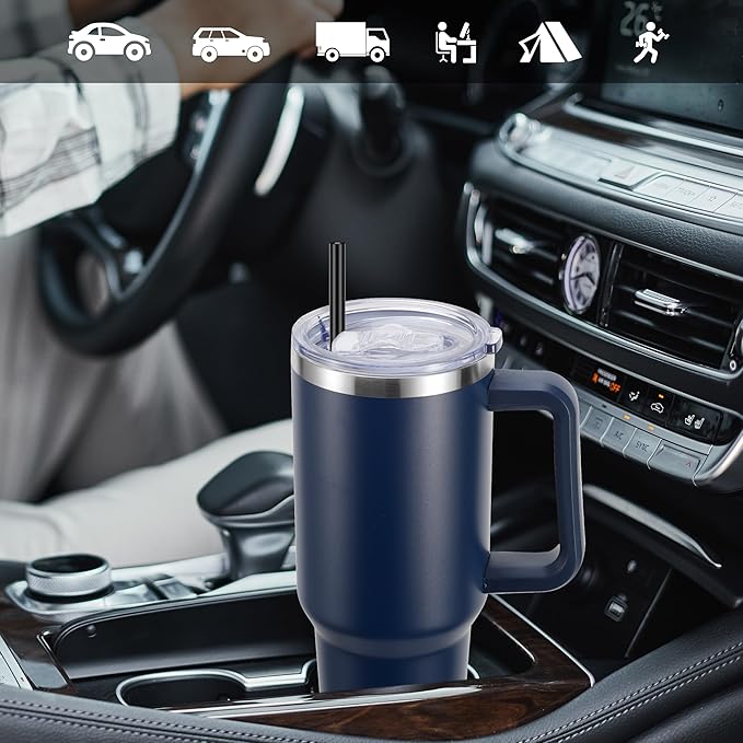 DOMICARE 40 oz Tumbler with Handle and Straw, Stainless Steel Tumbler with Lid and Straw, Reusable Vacuum Insulated Cup, Travel Coffee Mug, Navy Blue, 1Pack - Bloomnest
