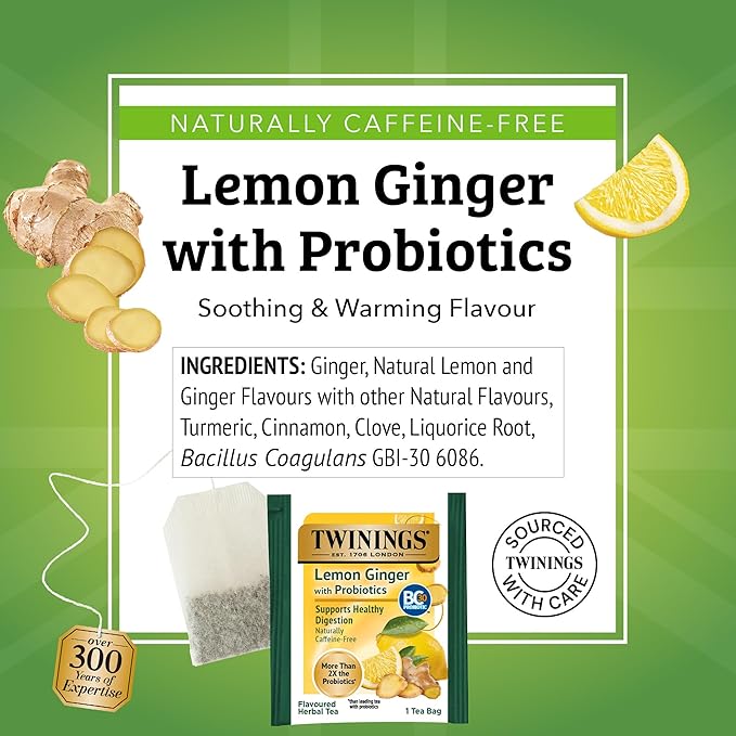 Twinings Superblends Probiotics+ Lemon & Ginger Flavoured Herbal Tea with Turmeric, Caffeine-Free, 18 Count (Pack of 1), Enjoy Hot or Iced, 18 Teabags