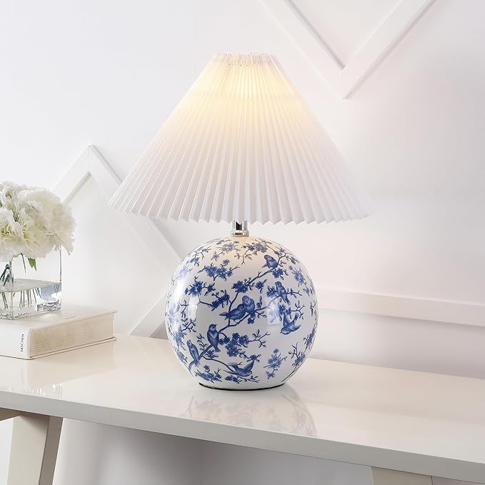 JONATHAN Y JYL5056B Shishen 19.5" Cottage Classic Chinoiserie Ceramic Orb LED Table Lamp with Pleated Shade, White/Blue for Bedroom, Living Room, Kitchen, Home Office, Kids Room - Bloomnest