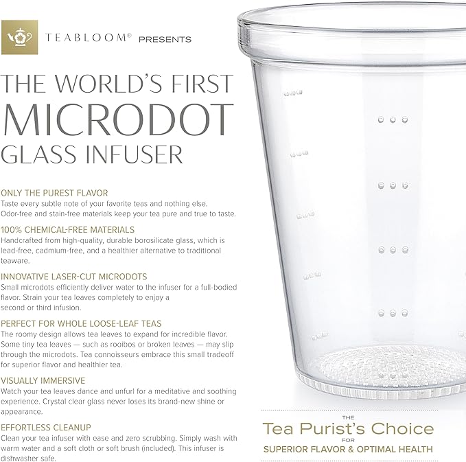 Teabloom Loose Tea Microdot Glass Mug with Lid – 12oz Single-Serve Borosilicate Glass Cup with Infuser for Hot and Cold Beverages - Bloomnest