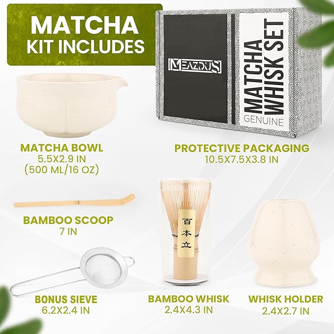 Matcha Whisk Set – 5 Piece Japanese Matcha Tea Set w/Ceramic Matcha Bowl, 100-Prong Bamboo Whisk & Holder, Scoop, & Stainless Sifter – Traditional Matcha Making Kit (Off-White) - Bloomnest