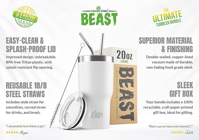 Beast 20 oz Tumbler Stainless Steel Vacuum Insulated Coffee Ice Cup Double Wall Travel Flask (Arctic White) - Bloomnest