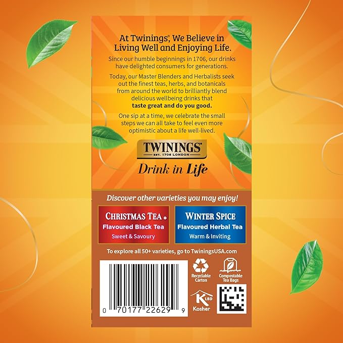 Twinings Gingerbread Joy Black Tea Individually Wrapped Bags, 20 Count (Pack of 6), Ginger & Cinnamon, Caffeinated, Enjoy Hot or Iced, 120 Teabags - Bloomnest