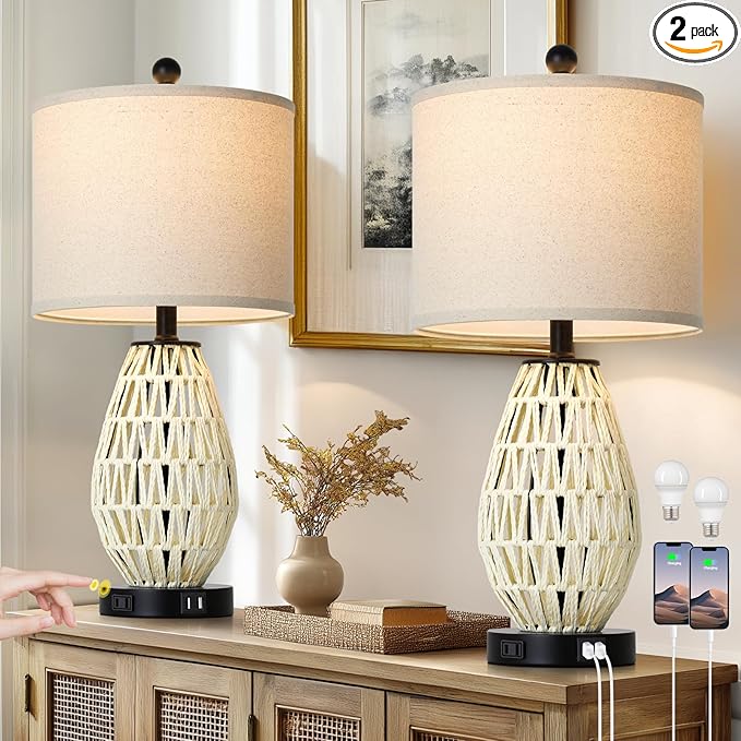 White Rattan Table Lamps Set of 2, 3 Way Dimmable Touch Control Bedside Lamp for Nightstand with 2 USB Ports and AC Outlet, Woven Wicker Bedroom Lamp, Boho Farmhouse Lamps for Living Room End Table - Bloomnest