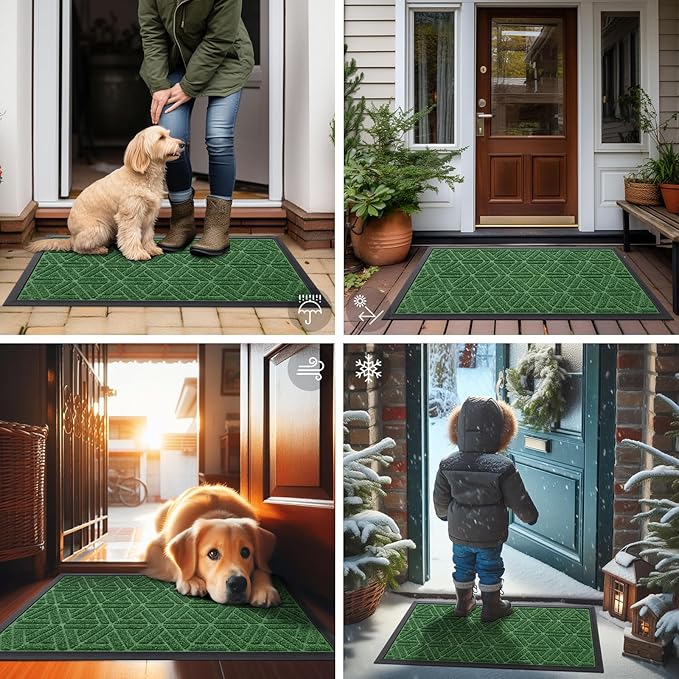 Smiry Front Door Mat Outside Entrance, Heavy Duty Sturdy Natural Rubber Doormat, Trap Dirt and Moisture, Easy Clean Low Profile Mats for Indoor Outdoor Entry, Grid Geometric (36x24, Green) - Bloomnest