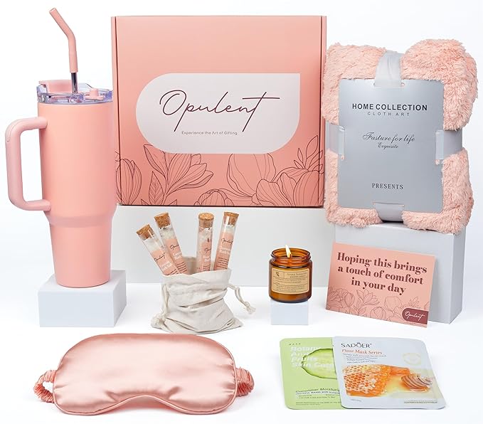 Opulent Luxury Self Care Gift Box for Women, Cozy Blanket, 40 oz Tumbler with Handle and Straw, Candle, Bath Salts, Spa Care Package, Pink Sand