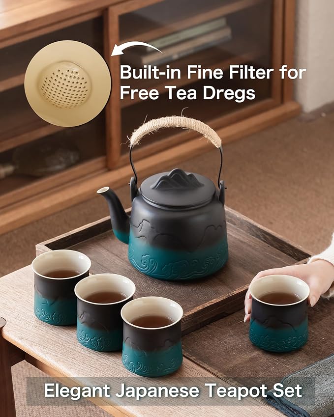 ZENS Vintage Japanese Tea Set, Gradient Embossed Ceramic Japanese Teapot with 4 Teacups, Hemp Rope Handle 33.8 oz Loose Leaf Teapot with Built-in Strainer for Tea Steeper Gifts, Black & Green - Bloomnest