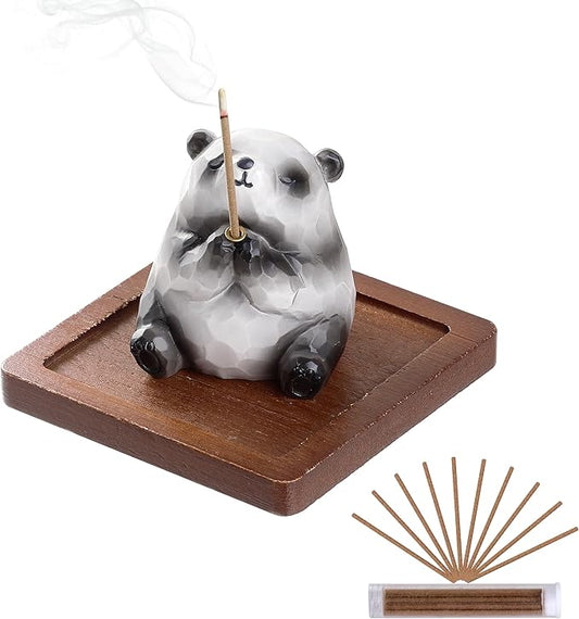 Lionpower Incense Holder for Sticks with Burner & Ash Catcher - Resin Panda, Wooden Tray, 10 Incense Sticks for Meditation Yoga Spa, Cute Home Decor Room Accessories (Panda)