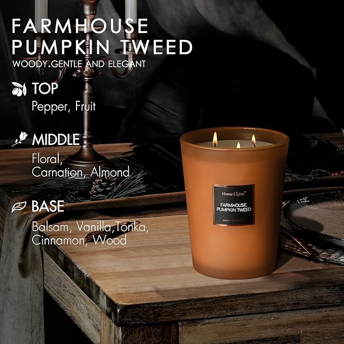 HomeLights Highly Scented Candles, Big 33.3 oz for Home, Natural Soy Aromatherapy Candles, Smokeless Long Lasting 130h with 3 Cotton Wicks, Candles Gifts for Women & Men - Farmhouse Pumpkin Tweed - Bloomnest