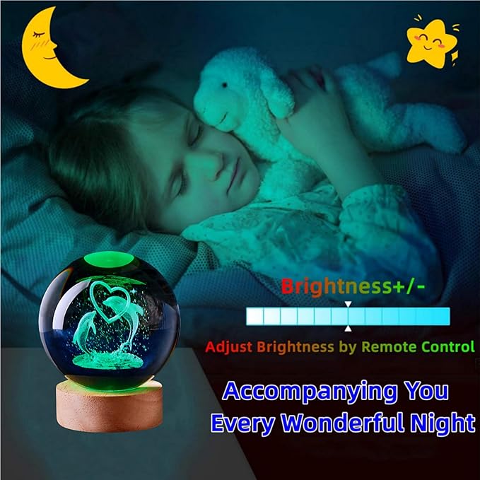 3D Large Dolphin Crystal Ball Night Light with Wooden Base, Dolphins Crystal Lamp Gift for Kids Friends, 16 Color Change with Remote Control, Laser Engraved Underwater World Glass Ball Lamp (Dolphin) - Bloomnest