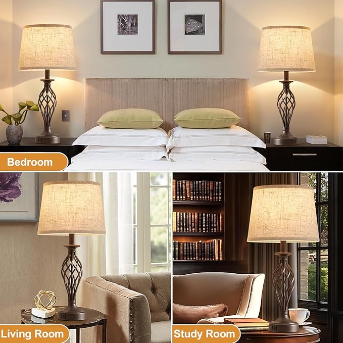 Table Lamp for Bedroom Set of 2 with USB C+A Ports - Modern Brown Bedside Lamps with Spiral Cage Base Fabric Shade - Nightstand Lamp for Living Room Reading Bed Side End Table 2 LED Bulbs Included - Bloomnest