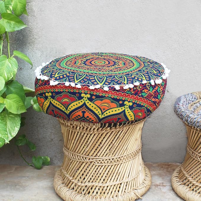 INDIAN CRAFT CASTLE ICC Floor Pillows & Cushion Covers Decorative Hippie Mandala Pouf Pillow Covers Seating Meditation Cushion Cover Large Boho Ottoman Case Pillowcase Couch New Blue, 16" Round - Bloomnest