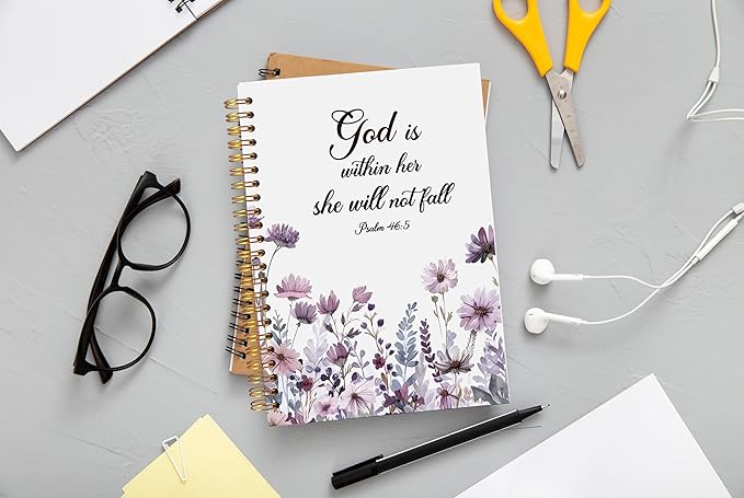 Christian Notebook for Women, Christian Art Gifts Journal, Prayer Journal for Women, Bible Journaling Notebook, PSALM 46:5 God is Within Her She Will Not Fall Floral Spiral Notebook 5.5x8.3 - Bloomnest