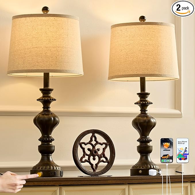 27.5" Farmhouse Table Lamps Set of 2 Bedside Lamp with USB C+A Ports & AC Outlet, 3 Way Dimmable Touch Lamps for Living Room Bedroom Office Hallway Rustic Nightstand Traditional Lamp - Bloomnest