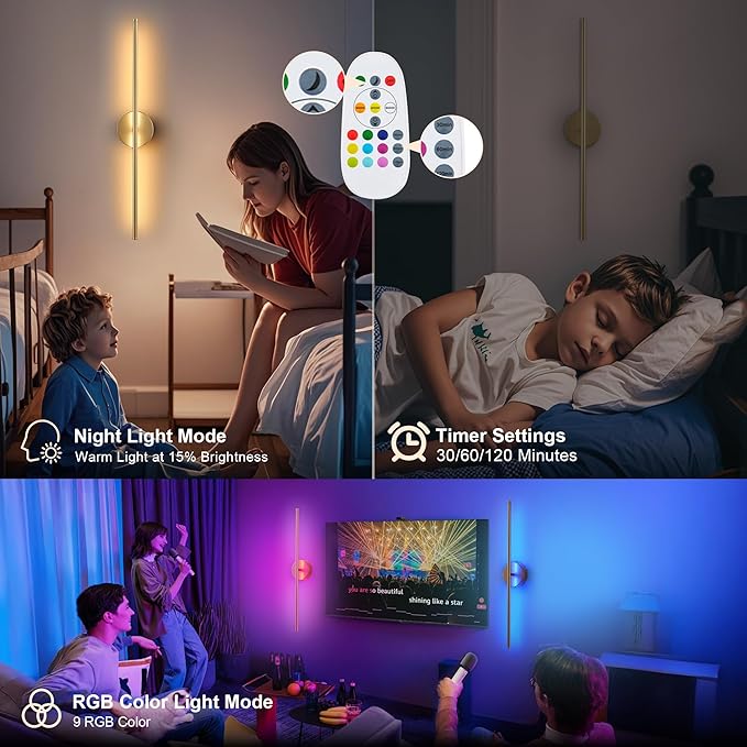 Battery Operated Wall Sconces Set of Two, with Remote Control, Dimmable, Warm White/Natural White/Daylight/RGB, 350°Rotate, LED Gold Wireless Wall Light for Living Room, Bedroom, 28.3 Inch - Bloomnest