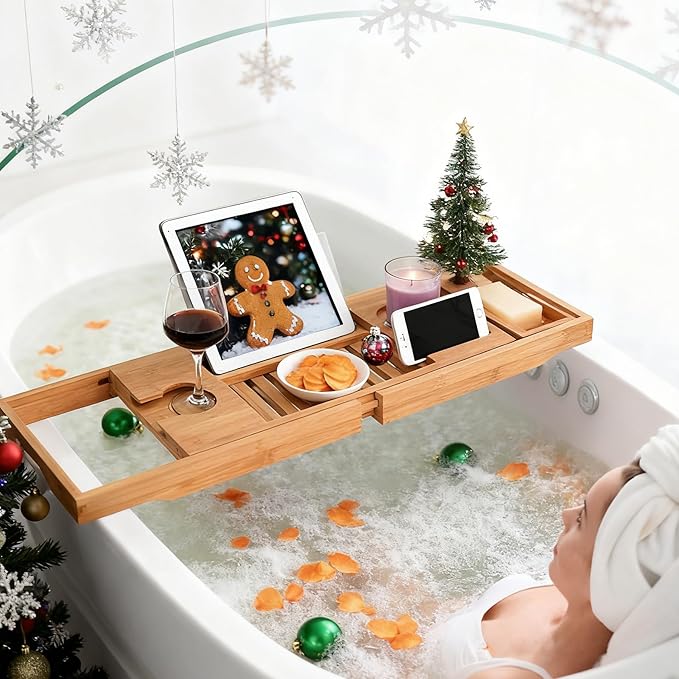 Utoplike Bamboo Bathtub Caddy Tray Bath Tray for Tub, Adjustable Bathroom Bathtub Organizer with Book Tablet Wine Glass Cup Towel Holder - Bloomnest