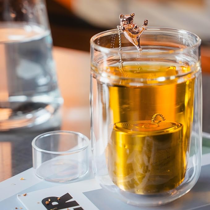Cat Tea Infuser Stainless Steel with Secure Clip Rose Gold Kitty - Cute Animal Tea Ball Strainer, Reusable Loose Leaf Infuser w/Hanging Clip & Glass Holder Gift for Tea Lovers