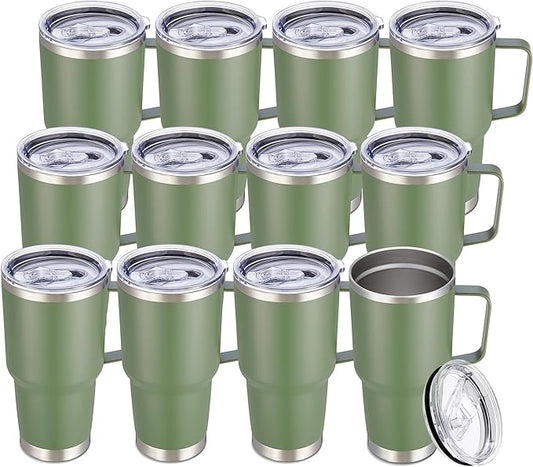 30 oz Tumbler with Handle and Lid, Stainless Steel Tumblers Bulk Double Wall Vacuum Insulated Travel Mug Leak Proof Cup Keep Drinks Cold and Hot Army Green, 12 Pack