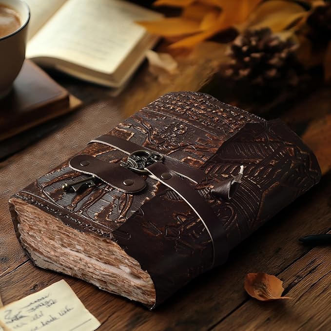 LEATHER VILLAGE Genuine Leather Handmade Journal for Men & Women – Vitruvian Man Embossed Cover – Key Closure – Book of Shadow – Vintage Deckle Edge Paper for Writing, Drawing – 7x5 Inches – Brown - Bloomnest