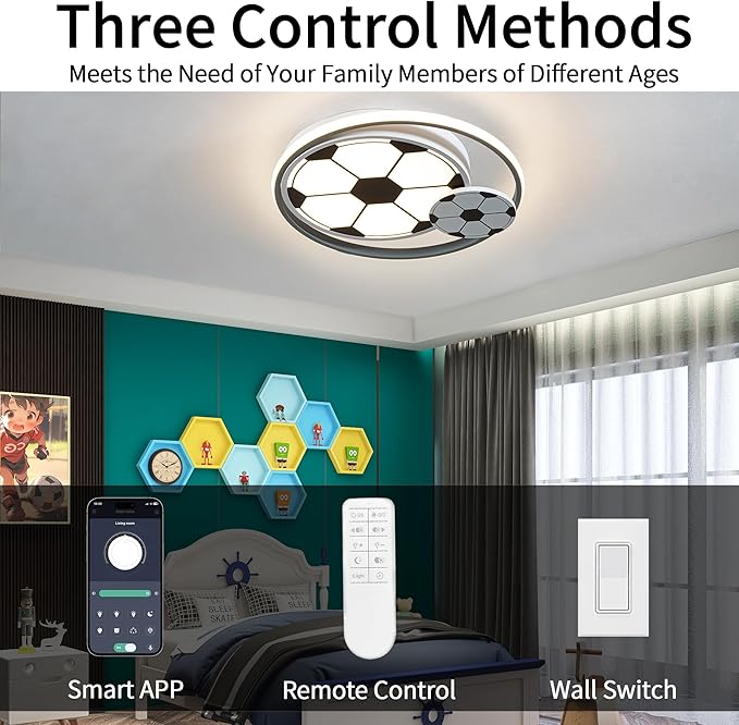 Modern Ceiling Light LED Kids Room Ceiling Lamp for Bedroom Dimmable Soccer Flush Mount Ceiling Light with Remote Control 17" Living Room Light Fixtures for Boys Room,Kitchen 3000k-6000K - Bloomnest