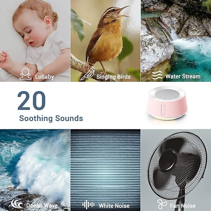 BGOVERSS White Noise Sound Machine with 20 Soothing Sounds, 10 Colors Night Light Sleep Machines Home Office Travel, 5 Timers and Memory Feature Sound Machine for Nursery Baby Kids Adults, Pink - Bloomnest