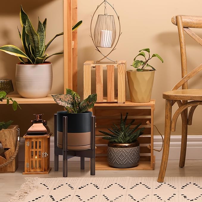 D'vine Dev Ceramic Planter with Walnut Color Stand - 8 Inch Modern Round Flower Pot with Wood Planter Holder, Black/Speckled Tan, 55-B-Y-7 - Bloomnest