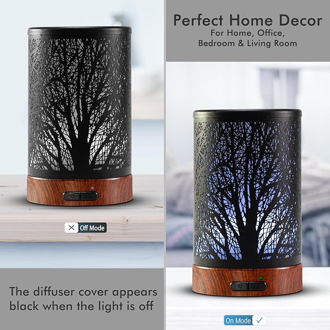 EQUSUPRO Essential Oil Diffuser 150ml Black Metal Aromatherapy Oil Diffuser Ultrasonic Cool Mist Diffuser with Auto Shut-Off Protection,7 Colors Changed LED for Home Office SPA Yoga (A-Tree) - Bloomnest