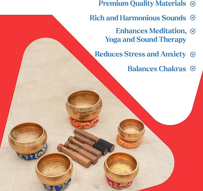Tibetan Singing Bowl Set-Authentic Cuencos Tibetanos for Sound Healing, Meditation & Chakra Balancing - Includes Cushion, Mallet-Unique Spiritual Gifts for Women and Men (5 Chakra Bowl Set) LNYSI