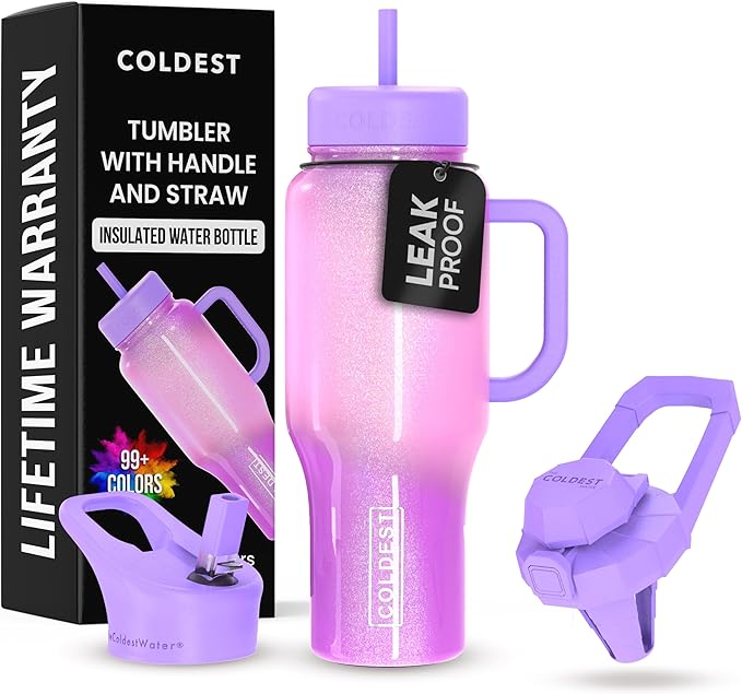 Coldest Tumbler with Handle and Straw, 100% Leak Proof Insulated Tumbler with Lid and Straw (3 Lids), Stainless Steel Tumblers for Women & Men, Cup Holder Friendly, 36 oz (Popsicle Dream) - Bloomnest