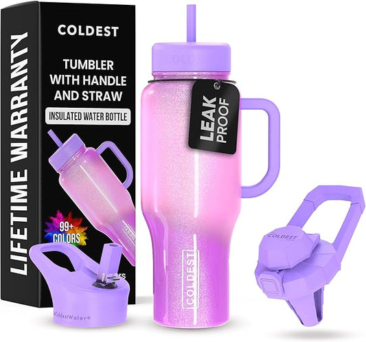 Coldest Tumbler with Handle and Straw, 100% Leak Proof Insulated Tumbler with Lid and Straw (3 Lids), Stainless Steel Tumblers for Women & Men, Cup Holder Friendly, 36 oz (Popsicle Dream) - Bloomnest