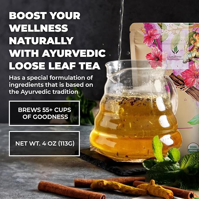 Gardenika Organic Serenity Glow Loose Leaf Tea, Herbal, Caffeine-Free, KSA Kosher, Ayurvedic Wellness Blend with Tulsi, Rooibos, Turmeric, Hibiscus – 4 oz (1 Pack) - Bloomnest