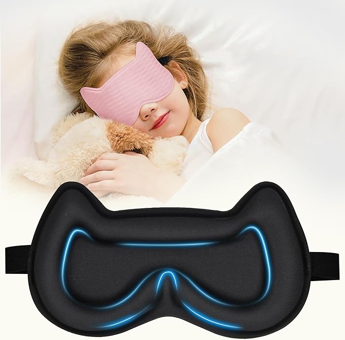 Kids Sleep Mask Eye Mask: 3D Contoured Cup Sleeping Masks, Blindfold with Adjustable Strap, Kids Eye Cover for Boys, Girls, Teens, Pressure-Free with Memory Foam Face Mask for Sleeping (Pink) - Bloomnest