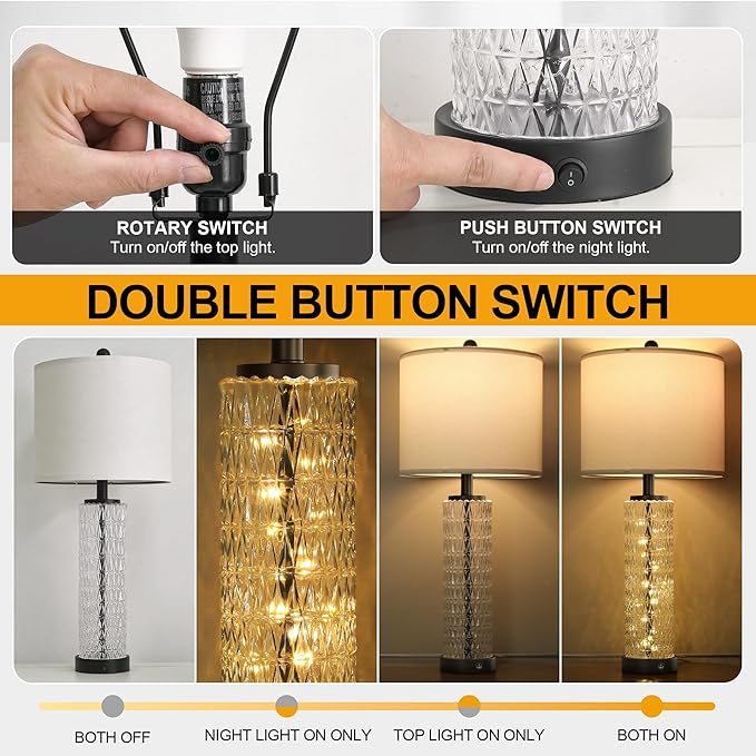 Oneach 27.75” Table Lamps Set of 2, Black Modern Bedside Lamp with LED Night Light, USB A+C, Glass Lamps for Living Room, Bedroom, Nightstand, Office, End Table (2 Bulbs Included) - Bloomnest