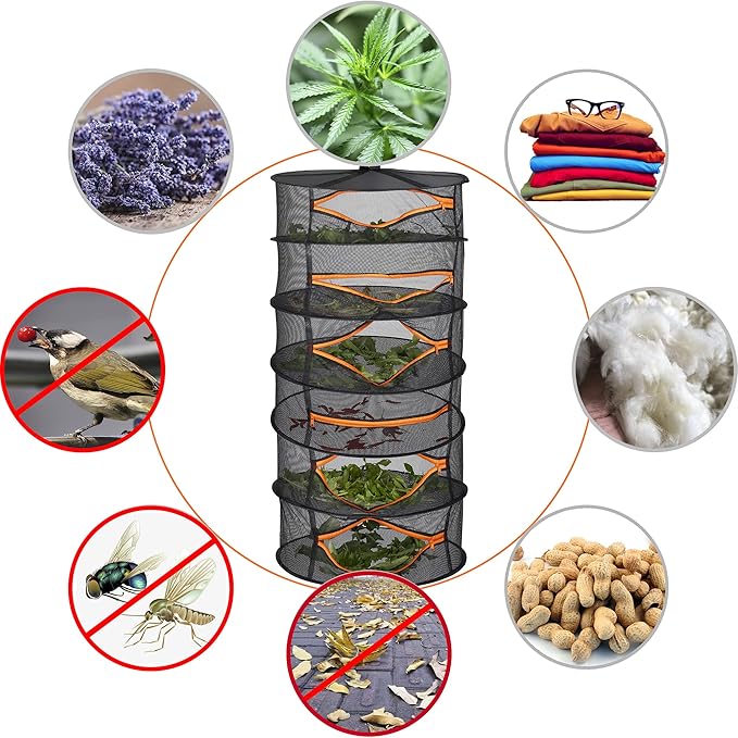 Desy & Feeci Herb Drying Rack-2ft Diameter 6 Layer Folding Mesh Hanging Basket Dryer Net with Zippers for Seeds Flowers Buds Plants Garden Outdoor Bumper Harvest(D24xH47 inch) - Bloomnest