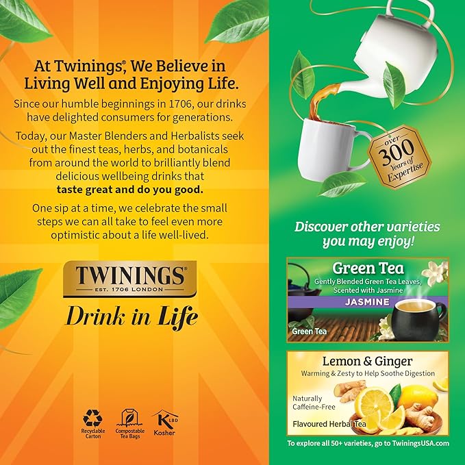 Twinings Pure Green Tea Individually Wrapped Bags, 25 Count (Pack of 6), Smooth Flavour, Enticing Aroma, Caffeinated, Enjoy Hot or Iced, 150 Teabags - Bloomnest