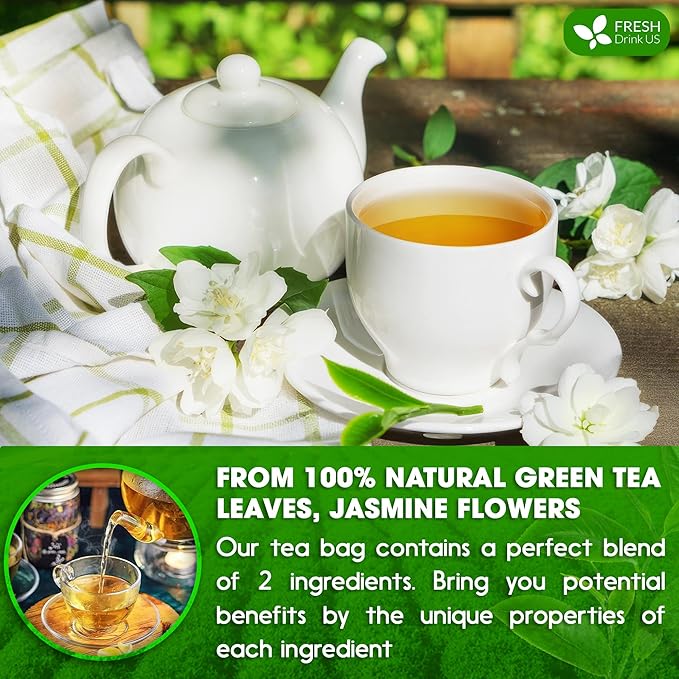 FreshDrinkUS, Premium 20 Tea Bags of Jasmine Green Tea, 100% Natural. Exquisite Flavor, Handpicked Leaves, Perfect for Tea Lovers. No Sugar, No Gluten, Vegan. - Bloomnest