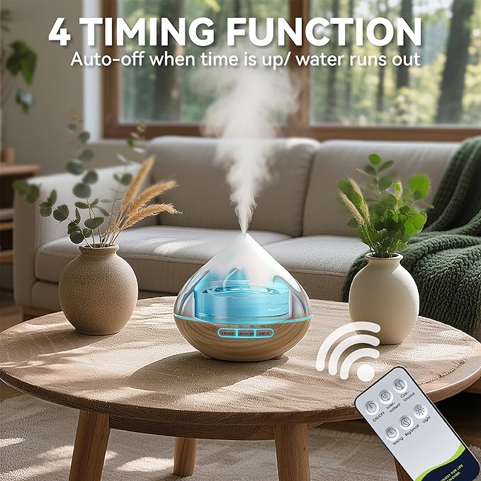 500ML Essential Oil Diffuser, Aromatherapy Diffuser with Remote Control, Multifunctional Air Diffusers for Home Office Room, Fragrance Aroma Diffuser with 7 Color LED & 2 Mist Mode, Brown - Bloomnest