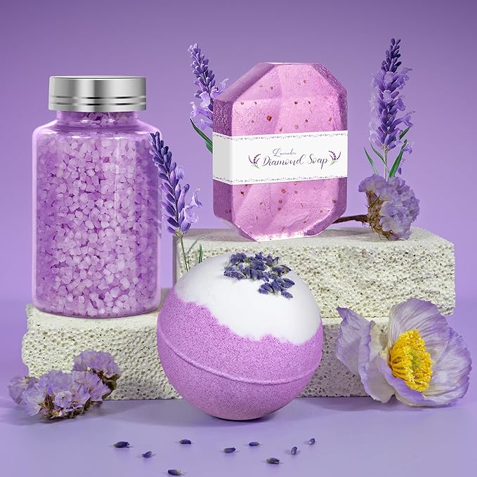 Bath Gift Set for Women, Christmas Stocking Stuffers for Women, Birthday White Elepant Gifts for Wife Her Sister Mom Auntie Grandma Friends, Relaxing Spa Self Care Lavender Bath Bombs Set﻿ - Bloomnest