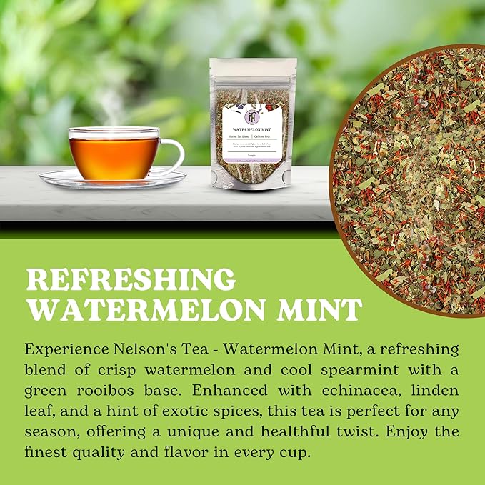 Nelson's Tea Watermelon Mint Tea Loose Leaf - Caffeine Free Green Rooibos Tea with Spearmint, Echinacea, Linden Leaf, Coriander, Safflower and Eucalyptus (Sample 0.4 Oz) - Bloomnest